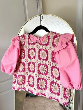 Style U Pink Geometric Crochet Puff Sleeve Blouse Size Mediu